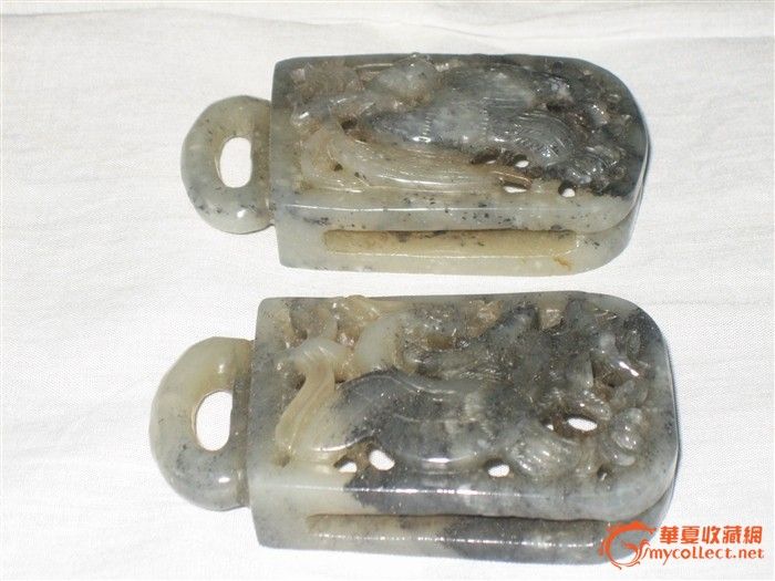 元代和田青花玉海冬青衔鹤图案提携(一对)_元