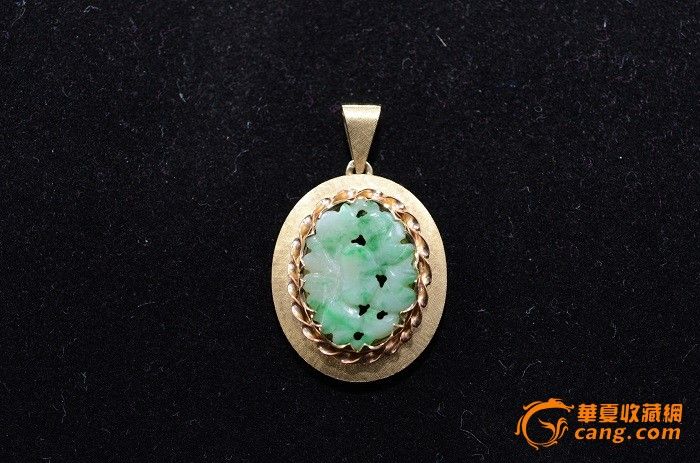 香港精致老珠宝 14k金嵌清代天然翡翠花片吊坠