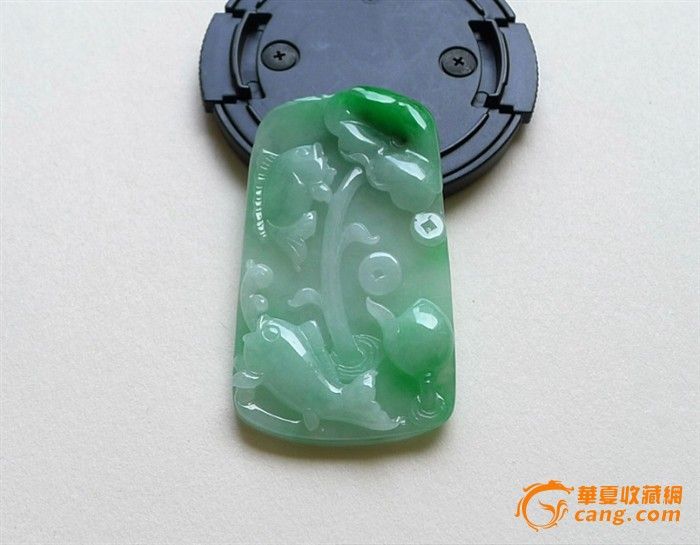 【福玉翡翠】天然a货翡翠阳绿水润精雕荷叶鱼吊坠送证书图片