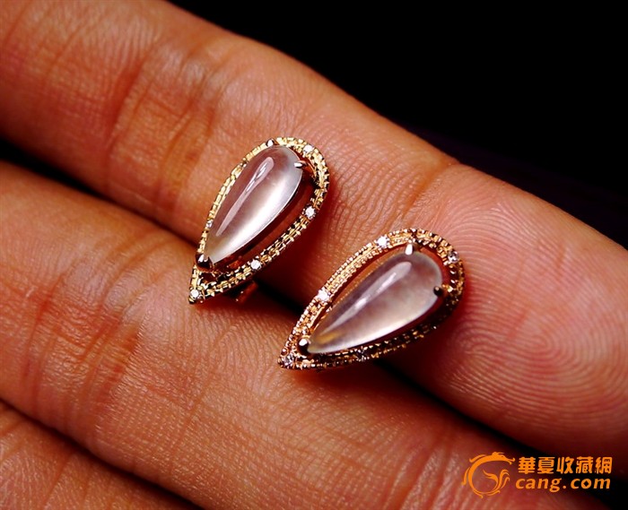 极品玻璃种!18k金镶12钻石a货翡翠老坑种浪漫水滴璀璨耳钉