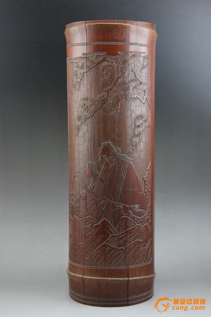 清代竹雕松下高仕诗文带款笔筒(名家)lx140109-01