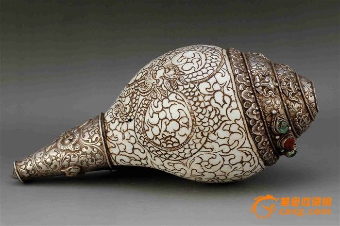 清·藏传佛教法器镶银嵌宝石法螺(s1427)