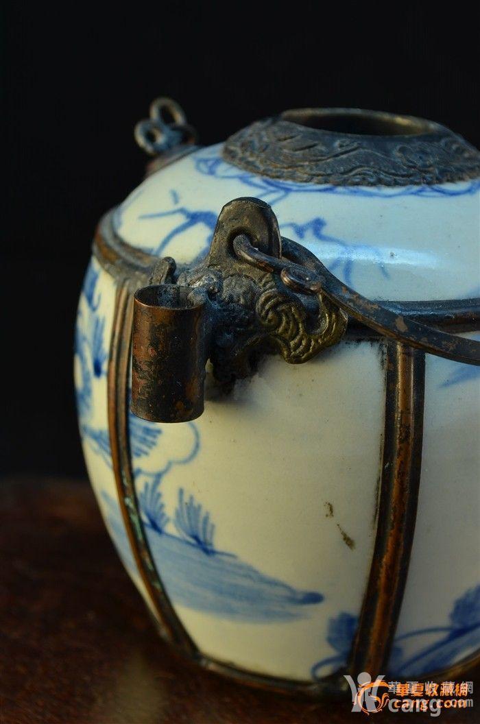 清代罕见 镶铜提梁青花墨罐